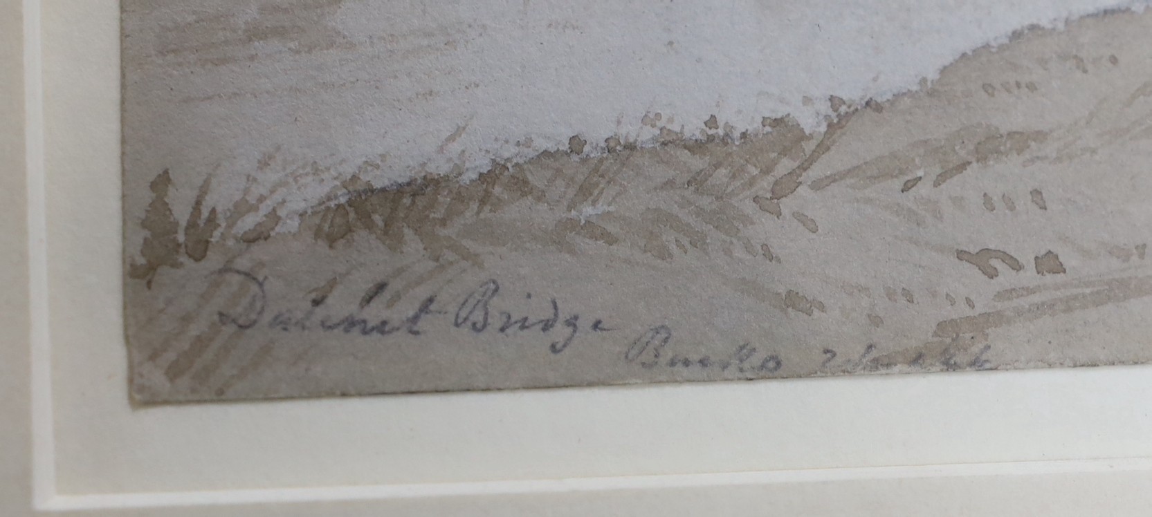 Henry Gastineau (1791–1876), monochrome watercolour, Study of Datchett Bridge, a glimpse of Windsor Castle in the distance, inscribed and signed, 15 x 21cm